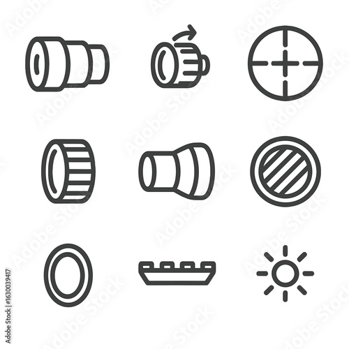 Night Vision Icons Set. Outline icon set of night vision optics: lens, zoom dial, reticle, focus ring, eyepiece, infrared filter,