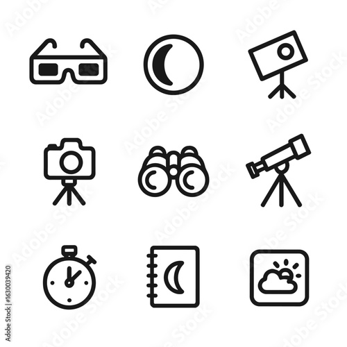 Eclipse Viewing Tools Icons. Outline icon set of eclipse viewing tools: eclipse glasses, solar filters, pinhole projector, camera