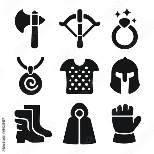 Fantasy Weapons Icons. Solid, filled icons set of fantasy weapons and gear: battle axe, crossbow, enchanted
