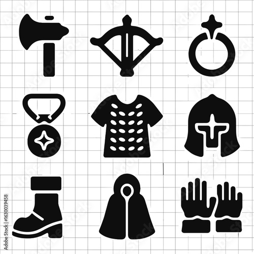 Fantasy Weapons Icons. Solid, filled icons set of fantasy weapons and gear: battle axe, crossbow, enchanted