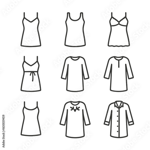 Nightgown Icon Set. Outline icon set of nightgown styles: silk nightgown, cotton nightgown, lace nightgown, satin nightgown,