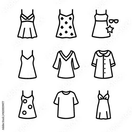 Nightgown Fashion Icons. Outline icon set of nightgown fashion trends: trending designs, seasonal patterns, celebrity-inspired,