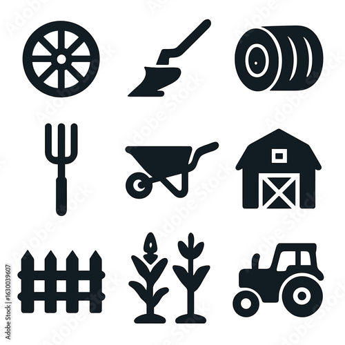 Farm Equipment Icons. Solid, filled icons set of farm equipment: wagon wheel, plow, hay bale, tractor,