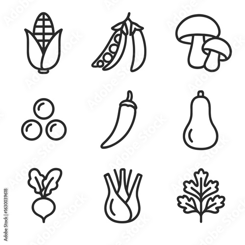 Farm Fresh Icons. Outline icon set of farm-fresh harvest: corn cob, pea pods, mushrooms, green peas, chili