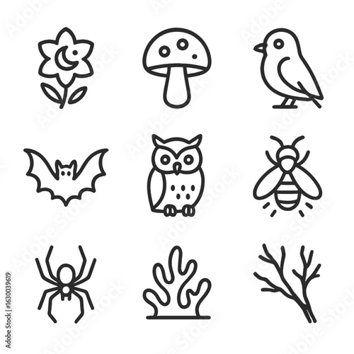 Nighttime Flora & Fauna Icons. Outline icon set of night time flora and fauna: night flower, mushroom, nocturnal bird, bat, owl,