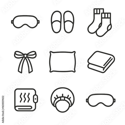 Nightwear Accessories Icons. Outline icon set of nightwear accessories: sleep mask, slippers, bed socks, robe belt, pillowcase,