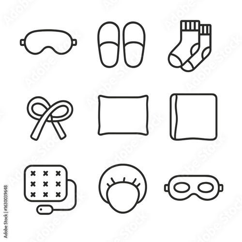 Nightwear Accessories Icons. Outline icon set of nightwear accessories: sleep mask, slippers, bed socks, robe belt, pillowcase,