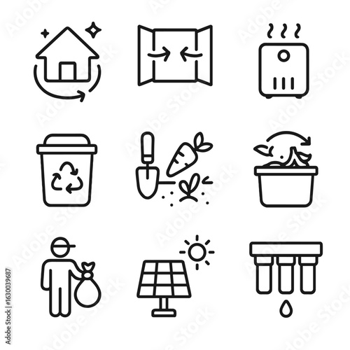Eco-Friendly Icon Set. Outline icon set of refresh environment: clean house, open window, air purifier, recycle bin, gardening,