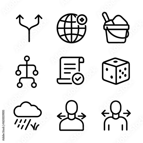 Nonlinear Gaming Icons. Outline icon set of nonlinear gaming: branching storylines, open world, sandbox, multiple endings, skill