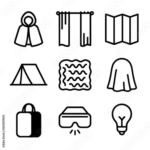 Concealment Gear Icons. Outline icon set of concealment gear: cloak, blackout curtain, privacy screen, tent tarp, camo net, fabric
