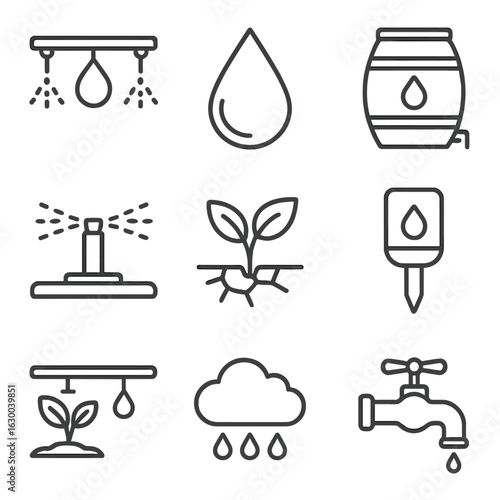 Farming Water Conservation Icons. Outline icon set of water conservation in farming: irrigation system, water