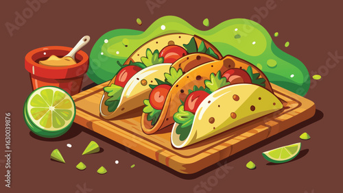 Delicious tacos with fresh ingredients on a wooden board next to lime and sauce in a vibrant illustration