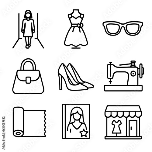 Fashion Icon Set. Outline icon set of global fashion trends: runway model, designer dress, sunglasses, handbag