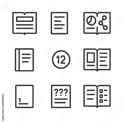 Notebook Icon Set. Outline icon set of student notebook content: chapter notes, vocabulary list, diagrams, margin notes, page