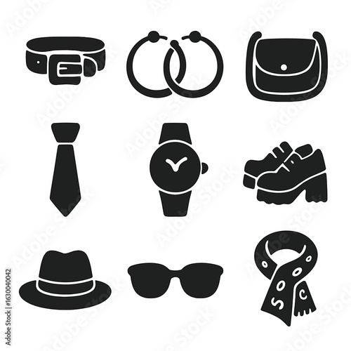 Fashion Accessories Icons. Solid, filled icons set of fashion accessories: leather belt, hoop earrings,