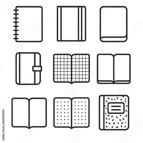 Notebook Icon Set. Outline icon set of notebook types: spiral notebook, hardcover notebook, softcover notebook, pocket notebook,