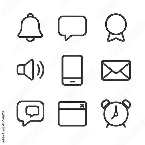 Notification Icon Set. Outline icon set of feedback notifications: alert bell, message popup, badge, sound alert, push