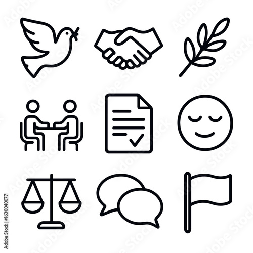 Conflict Resolution Icons. Outline icon set of conflict resolution: peace dove, handshake, olive branch, mediation table,