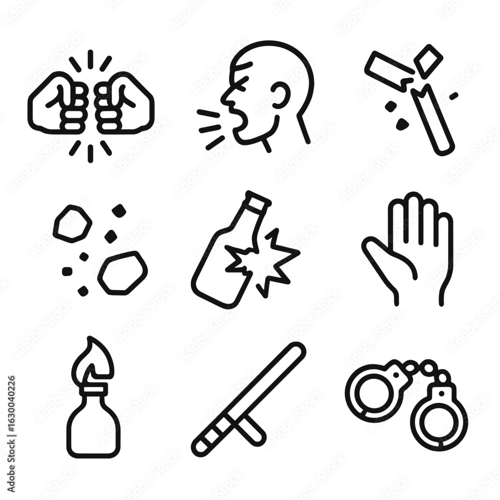 Fototapeta premium Conflict Icon Set. Outline icon set of conflict and confrontation: fist fight, shouting face, broken weapon, falling debris,