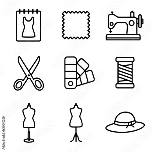 Fashion Design Icons. Outline icon set of Designer collection preview: sketchpad, fabric swatch, sewing
