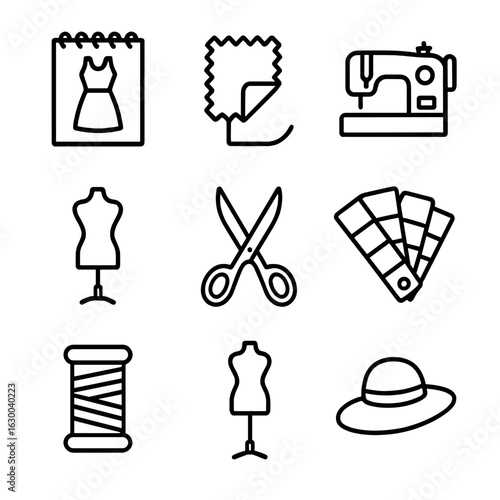 Fashion Design Icons. Outline icon set of Designer collection preview: sketchpad, fabric swatch, sewing