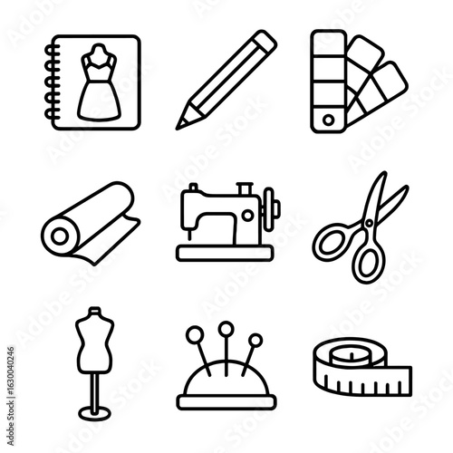 Fashion Design Icons. Outline icon set of fashion design process: sketchbook, pencil, color palette, fabric