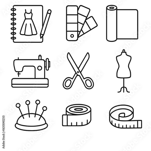 Fashion Design Icons. Outline icon set of fashion design process: sketchbook, pencil, color palette, fabric