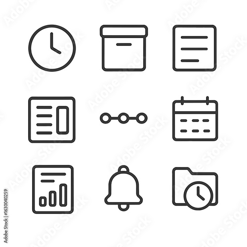 Notification Icons Grid. Outline icon set of notification history: clock, archive, list view, log, timeline, calendar, report,