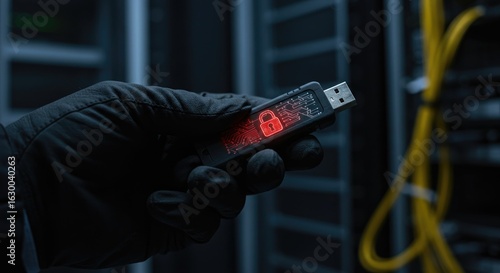 Person holding flash drive with red locked symbol in server room digital image data protection technology security safety indoor setting cybersecurity concept