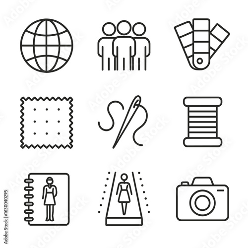 Fashion Diversity Icons. Outline icon set of fashion diversity: globe, group of people, color palette, fabric