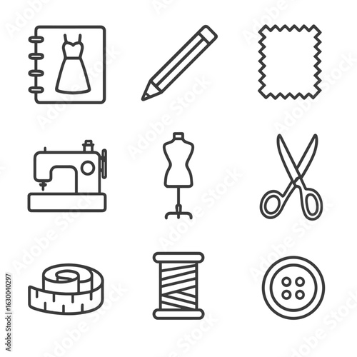 Fashion Design Icon Set. Outline icon set of fashion design process: sketchbook, pencil, fabric swatch, sewing