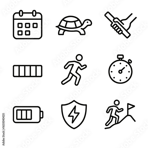 Effort Icons Set. Outline icon set of long-term effort: calendar, tortoise, relay race baton, stamina bar, endurance runner, timer