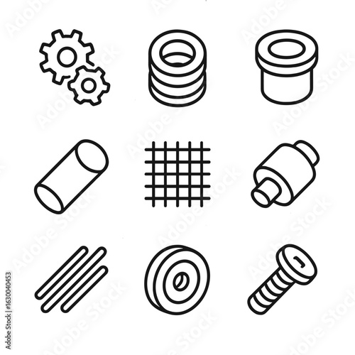 Nylon Parts Icons. Outline icon set of nylon industrial uses: nylon gears, nylon washers, nylon bushings, nylon tubing, nylon mesh