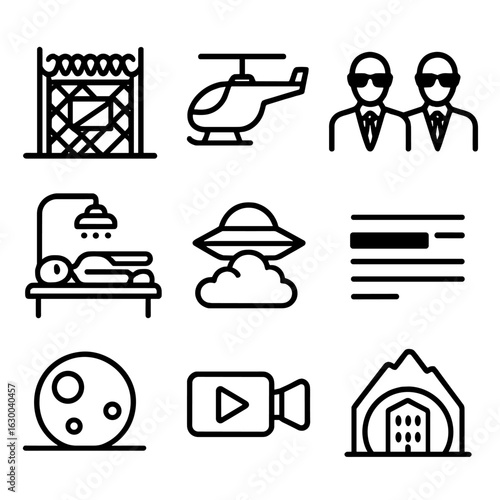 Conspiracy Theory Icons. Outline icon set of conspiracy theories: Area 51 gate, black helicopter, Men in Black, alien autopsy,