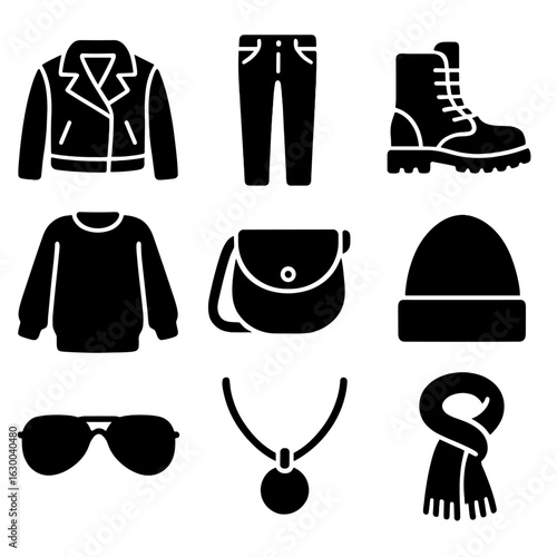 Fashion Icon Grid. Solid, filled icons set of fashionable outfits: leather jacket, skinny jeans, combat boots,