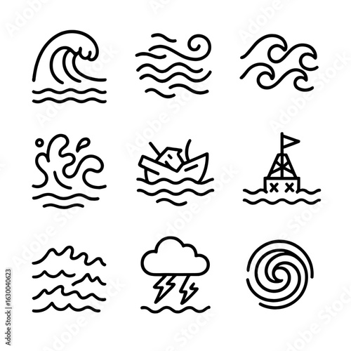Ocean Chaos Icons. Outline icon set of ocean chaos: crashing breakers, turbulent currents, rolling waves, splashing spray,
