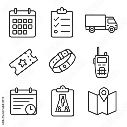 Fashion Logistics Icons. Outline icon set of Fashion show logistics: calendar, checklist, transport truck,