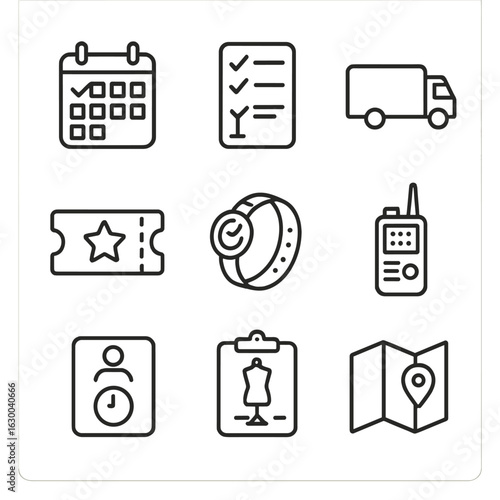 Fashion Logistics Icons. Outline icon set of Fashion show logistics: calendar, checklist, transport truck,