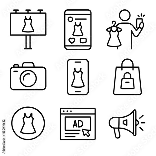 Fashion Marketing Icons. Outline icon set of fashion marketing: billboard, social media, influencer, camera,