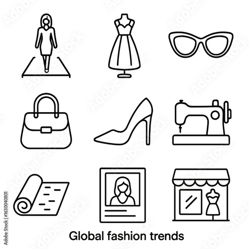 Fashion Icon Set. Outline icon set of global fashion trends: runway model, designer dress, sunglasses, handbag