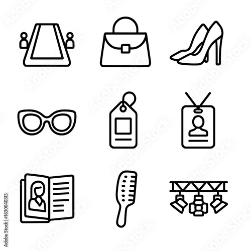 Fashion Week Icons. Outline icon set of Fashion week essentials: runway, fashion bag, high heels, sunglasses,
