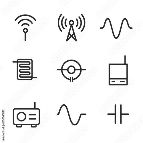 Electromagnetic Icon Grid. Outline icon set of electromagnetic oscillation: radio wave, antenna, signal wave, electromagnetic coil