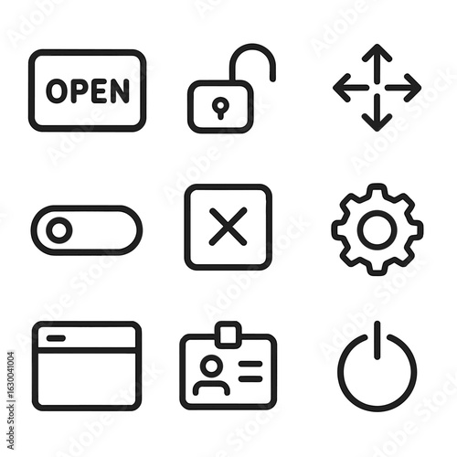 Open State Icons. Outline icon set of open states: open status icon, unlocked icon, expanded view, open switch, open checkbox,