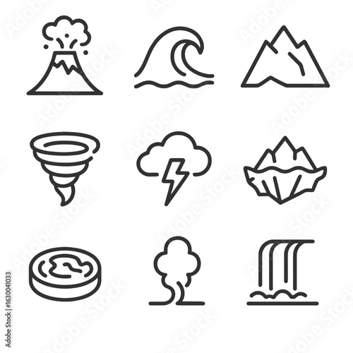 Elemental Icon Set. Outline icon set of elemental nature: volcano, ocean wave, mountain, tornado, thundercloud, glacier, magma