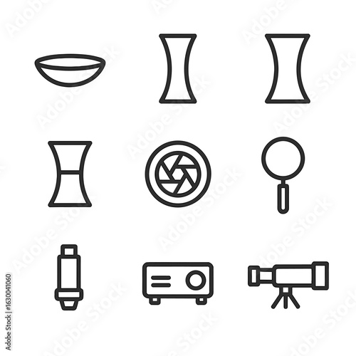 Optical Lenses Icons. Outline icon set of optical lenses: contact lens, convex lens, concave lens, bifocal lens, camera lens,