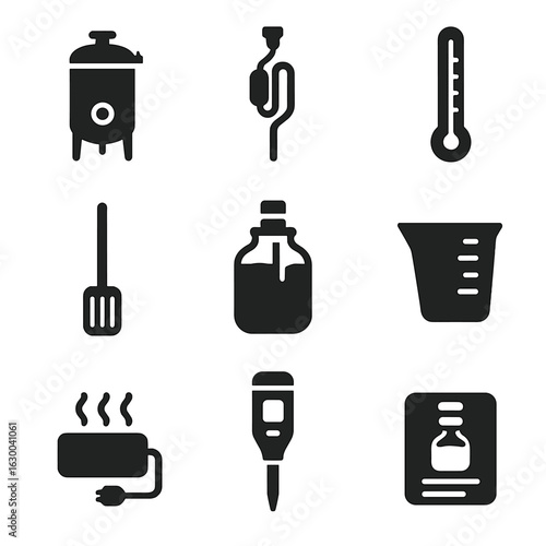 Fermentation Equipment Icons. Solid, filled icons set of Fermentation process equipment: fermentation tank,