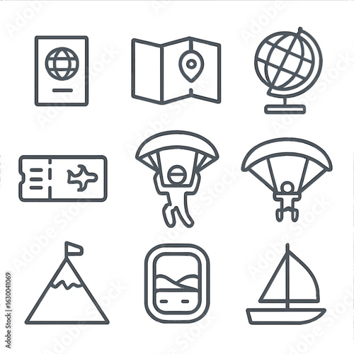 Open World Travel Icons. Outline icon set of open world travel: passport, open map, world globe, boarding pass, skydiver,
