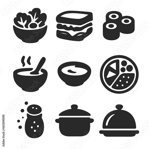 Fermented Food Icons. Solid, filled icons set of Culinary uses of fermented foods: salad bowl, sandwich, sushi