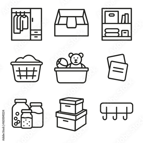 Organize Icon Set. Outline icon set of organize in home: closet organizer, drawer dividers, shelf arrangement, laundry basket, toy