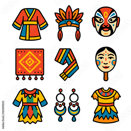 Festival Attire Icons. Solid, filled icons set of traditional festival attire: colorful robes, headdresses,